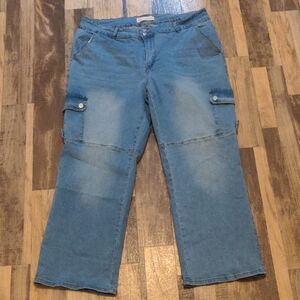 Curvalicious Plus Size Cargo Wide Leg Jeans Light Wash High Waist Size 22